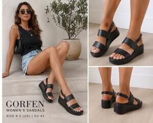 Gorfen Black Platform Wedge Ankle Strap Women’s Sandals Size 9.5 Open Toe EUC